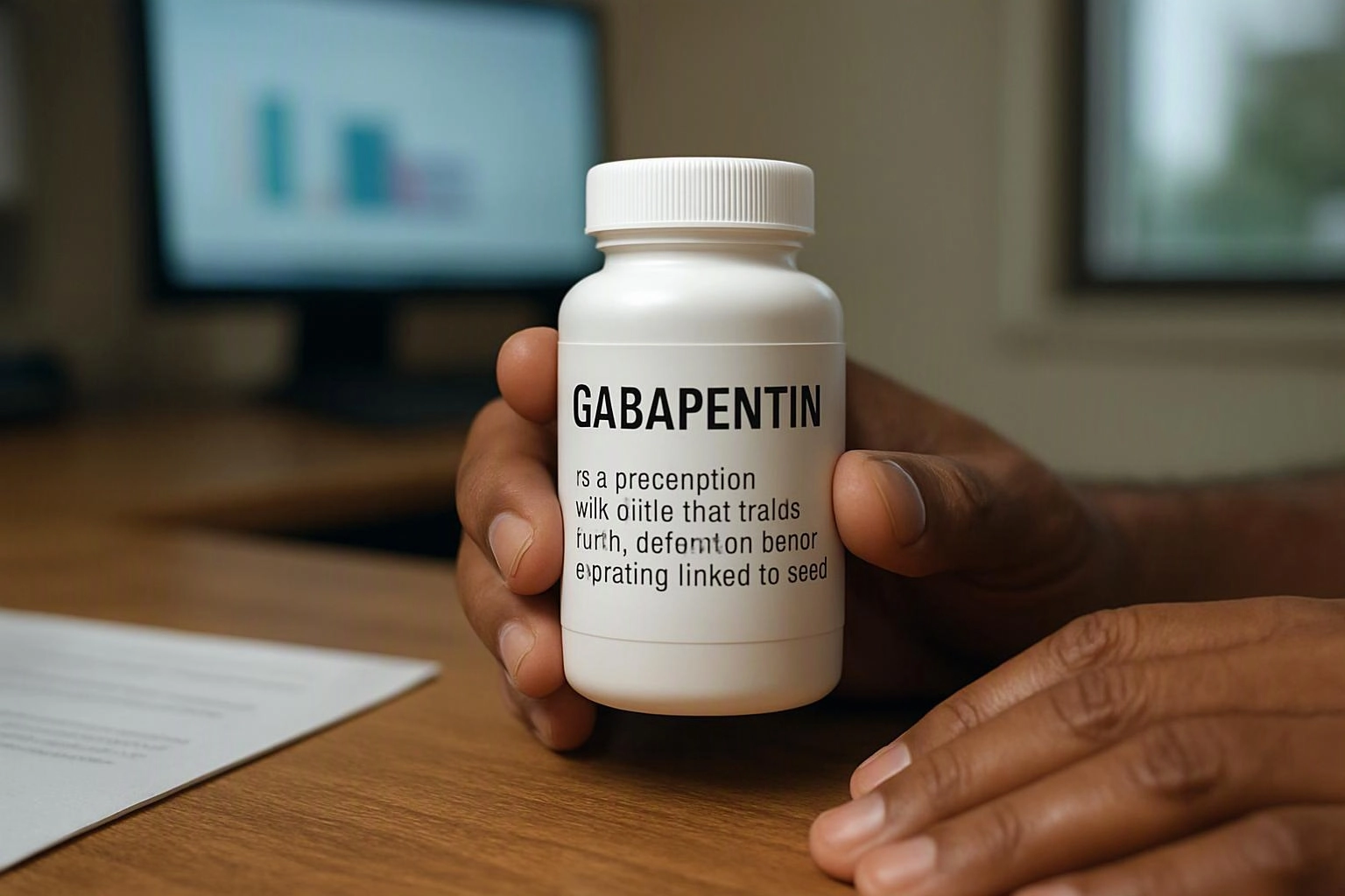 A hand holds a white pill bottle labeled GABAPENTIN over a desk with a blurred monitor in the background