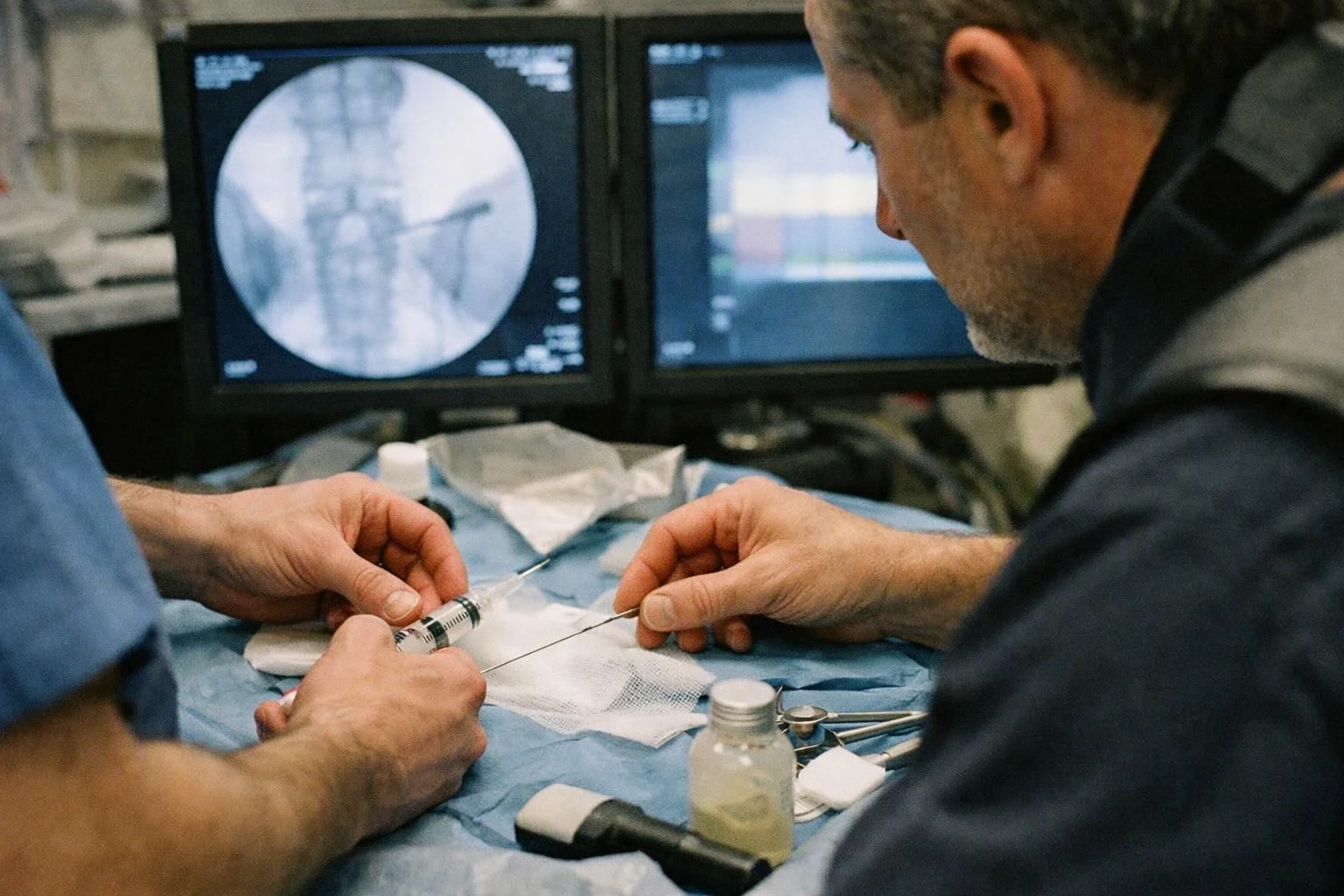Two clinicians handle a syringe and thin instrument over a draped table beside medical monitor screens
