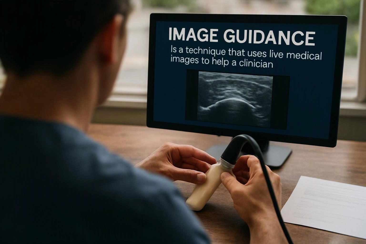 A person holds an ultrasound probe beside a monitor showing the words “IMAGE GUIDANCE” and a scan image