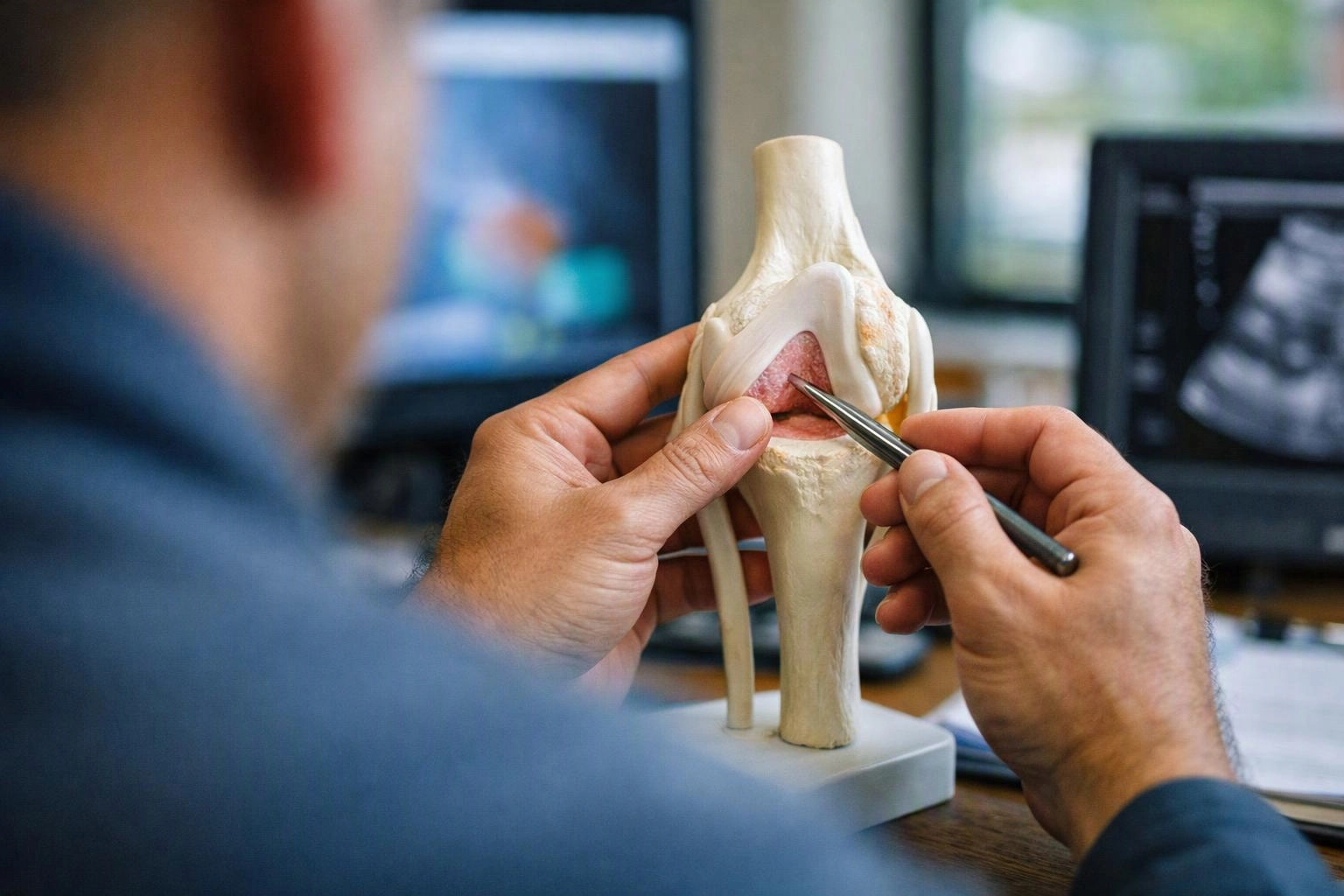 A person points at a knee joint anatomy model with a pen in an office setting