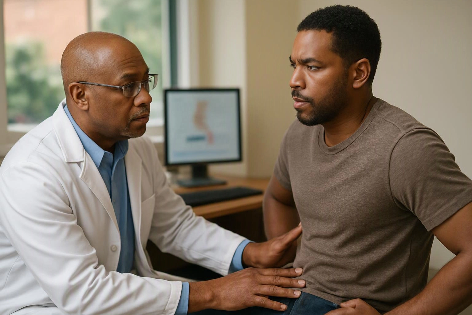 A doctor in a white coat examines a seated man in a clinic room