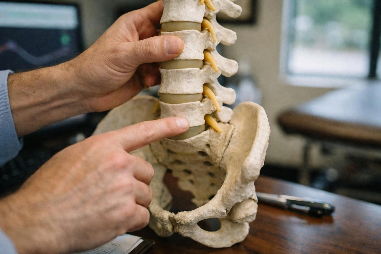 Hands point to a spine and pelvis model on a table in a clinic room