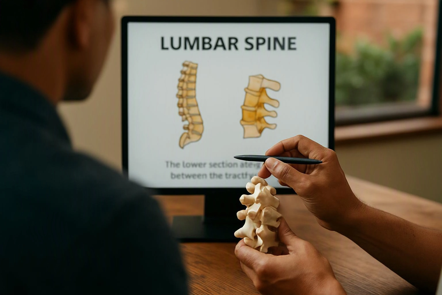 A person points at a lumbar spine diagram on a computer screen while holding a small spine model on a desk