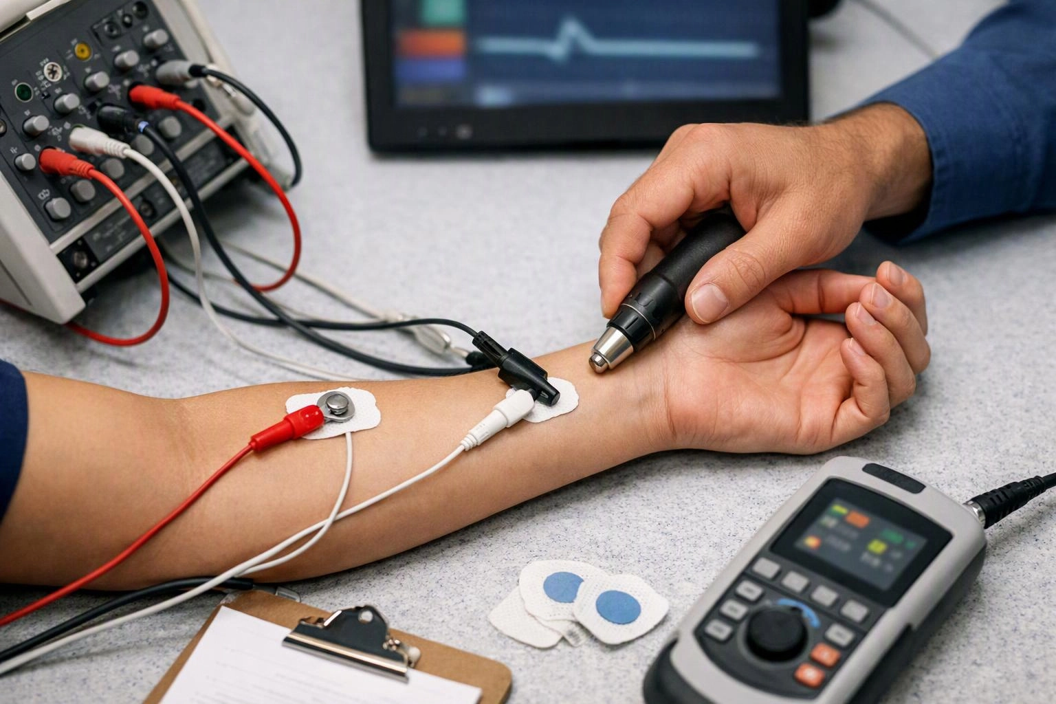 A clinician holds a probe on a patient’s wrist beside attached wires and monitoring equipment
