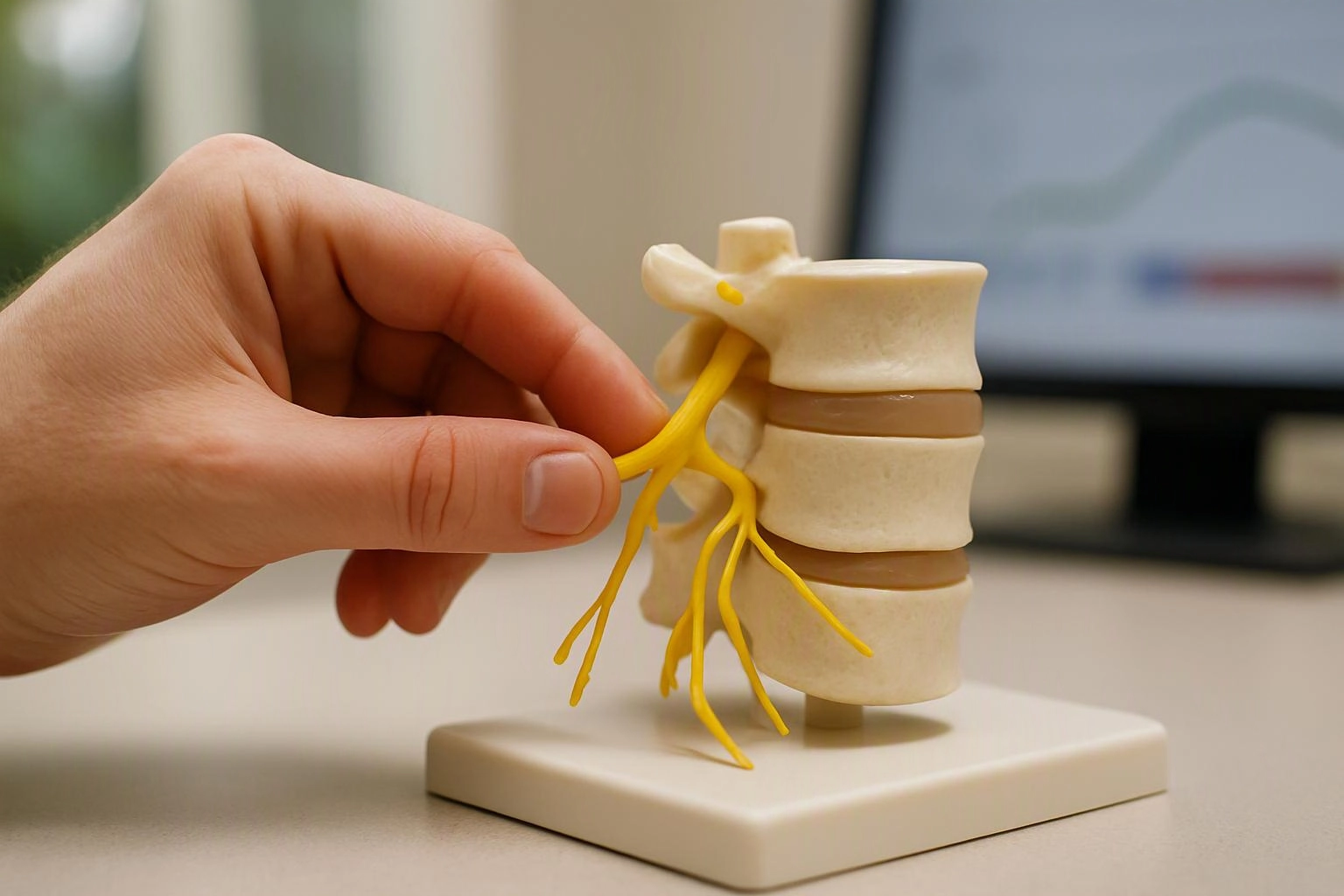 A hand touches a small spine model with yellow nerves on a desk