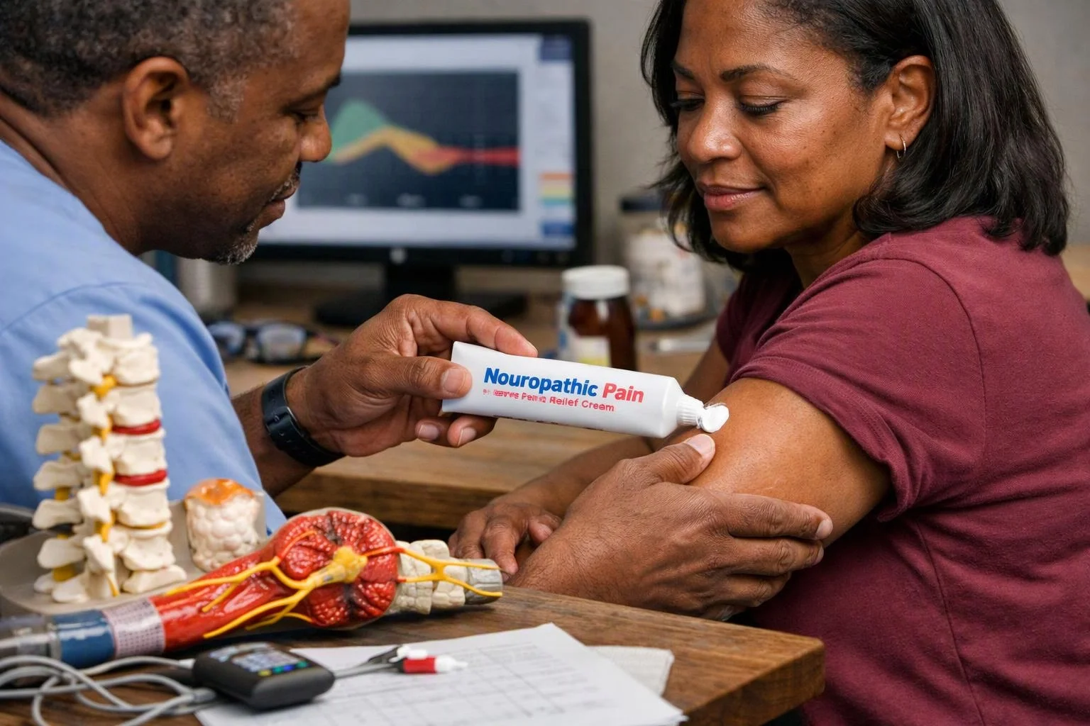 A man applies cream to a woman’s arm while anatomy models and a computer sit on the desk behind them