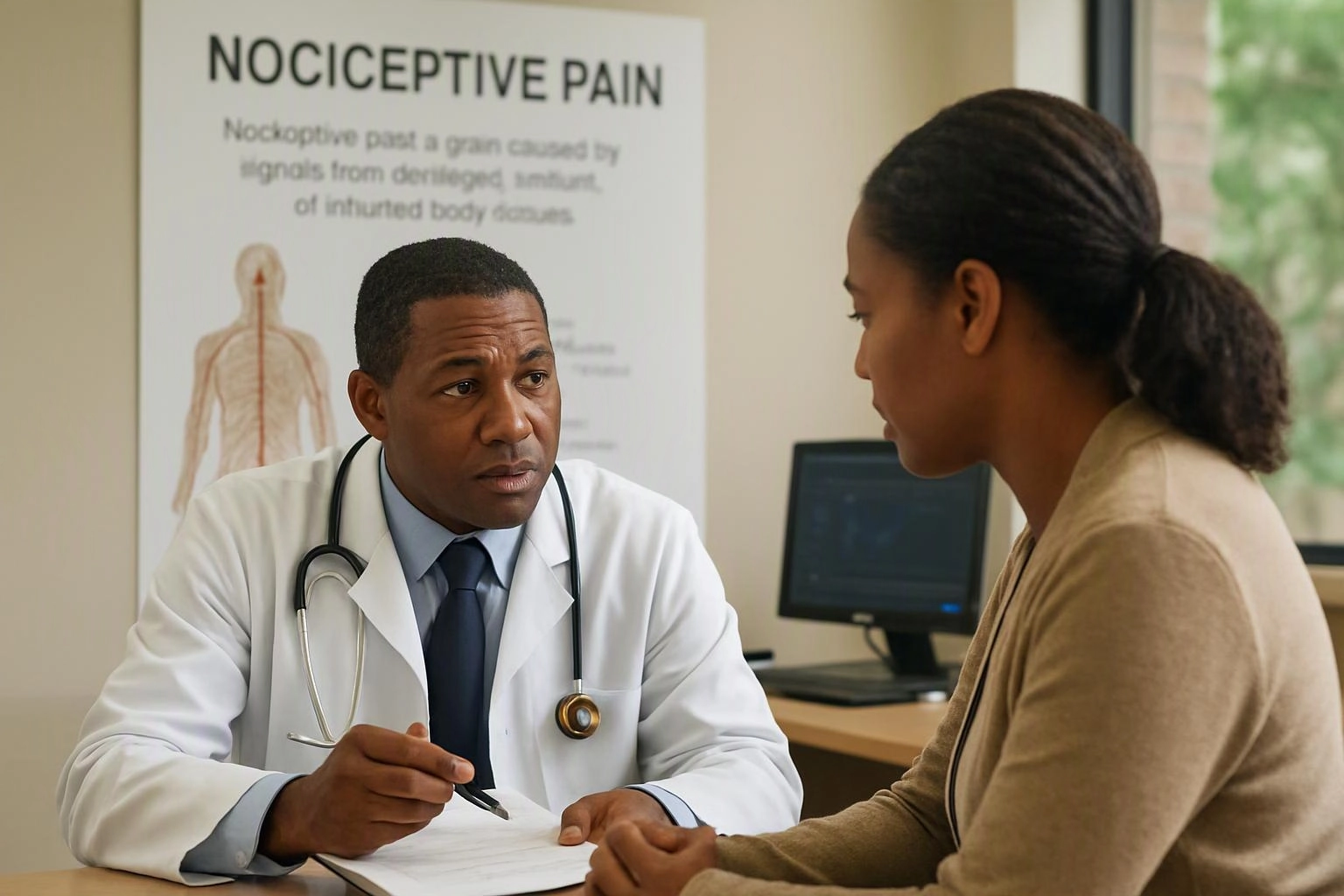 A doctor talks with a seated woman in an exam room, with a pain poster and computer behind them