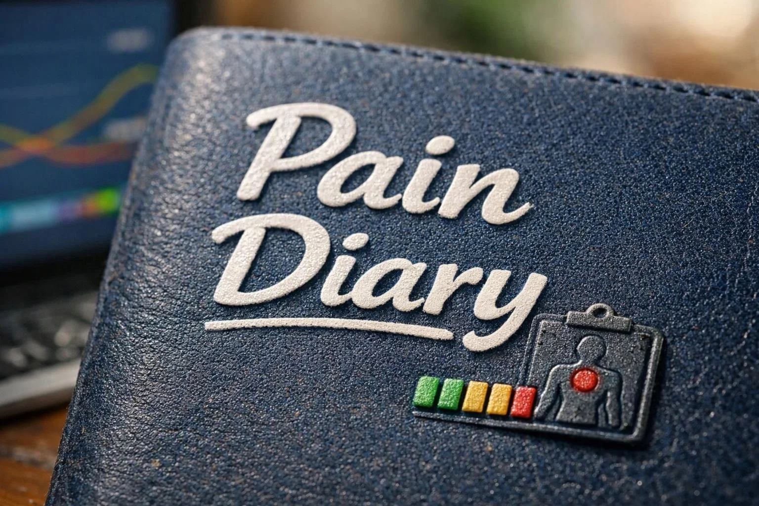 A dark blue diary cover shows the words “Pain Diary” and a small body pain icon
