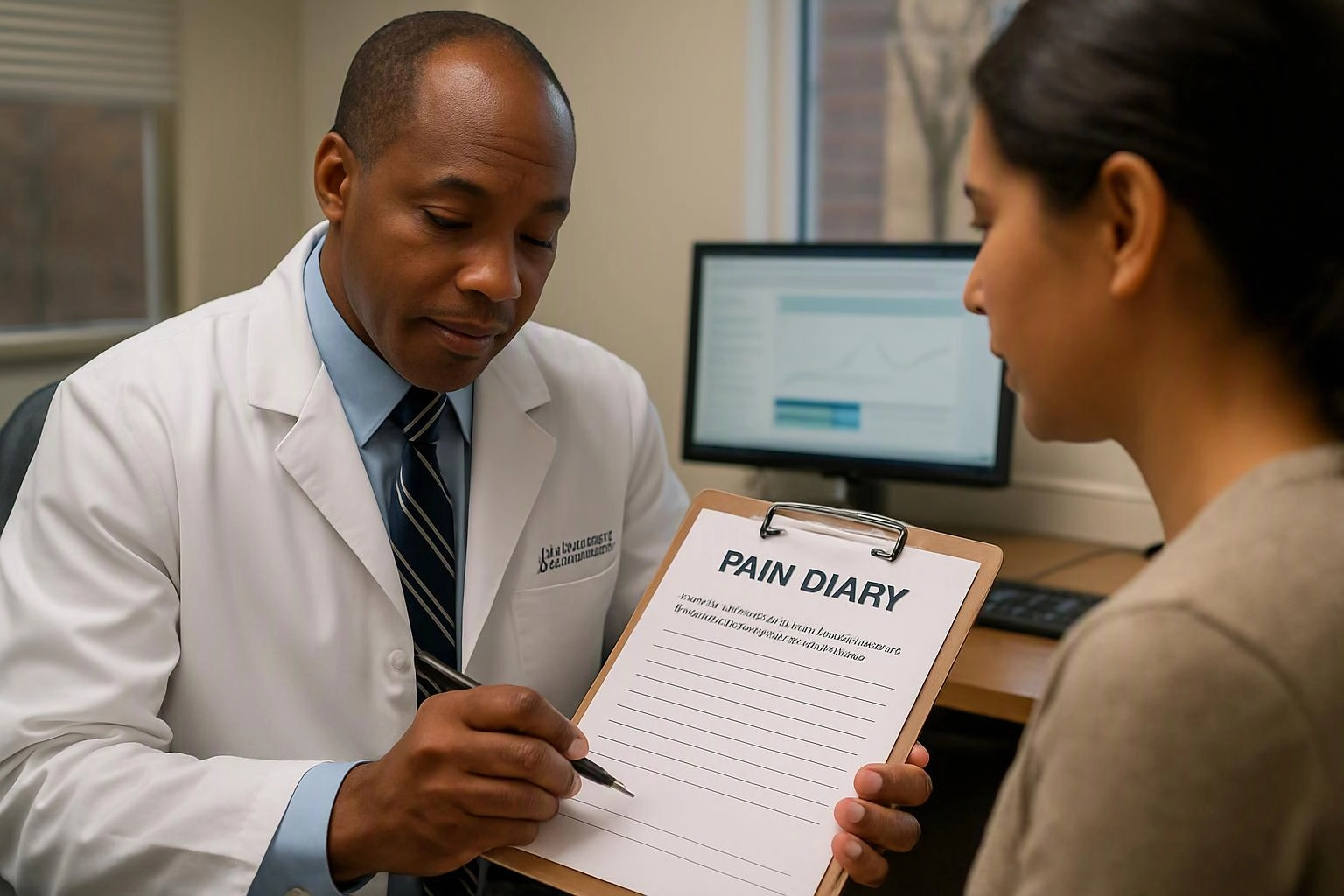 A doctor in a white coat writes on a clipboard labeled “PAIN DIARY” while speaking to a woman in an office