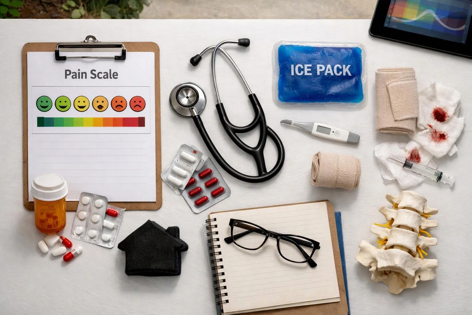 Medical items and a pain scale clipboard are arranged on a white table with a stethoscope, ice pack, bandages, pills