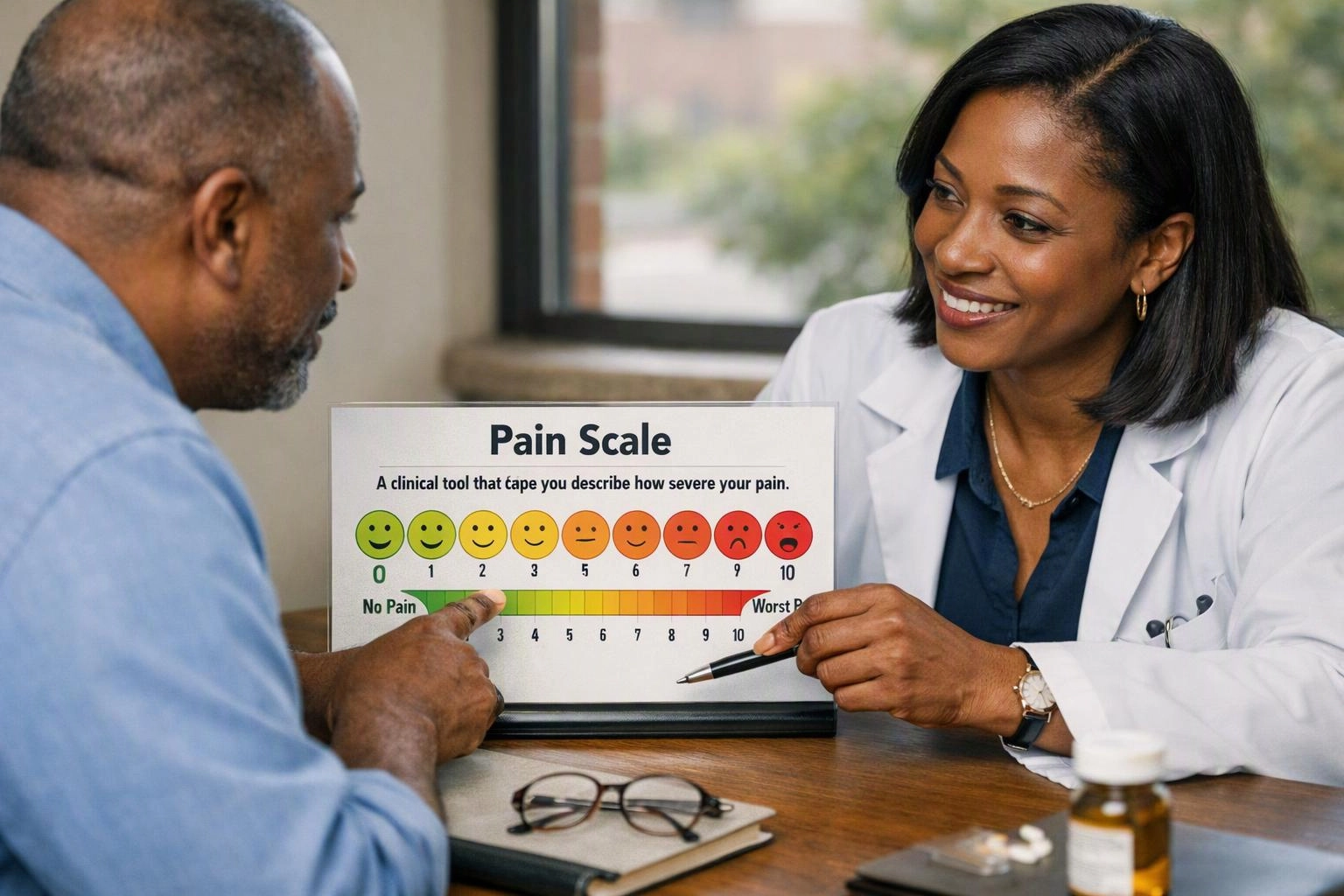 A doctor smiles at a man while showing a pain scale chart across a desk