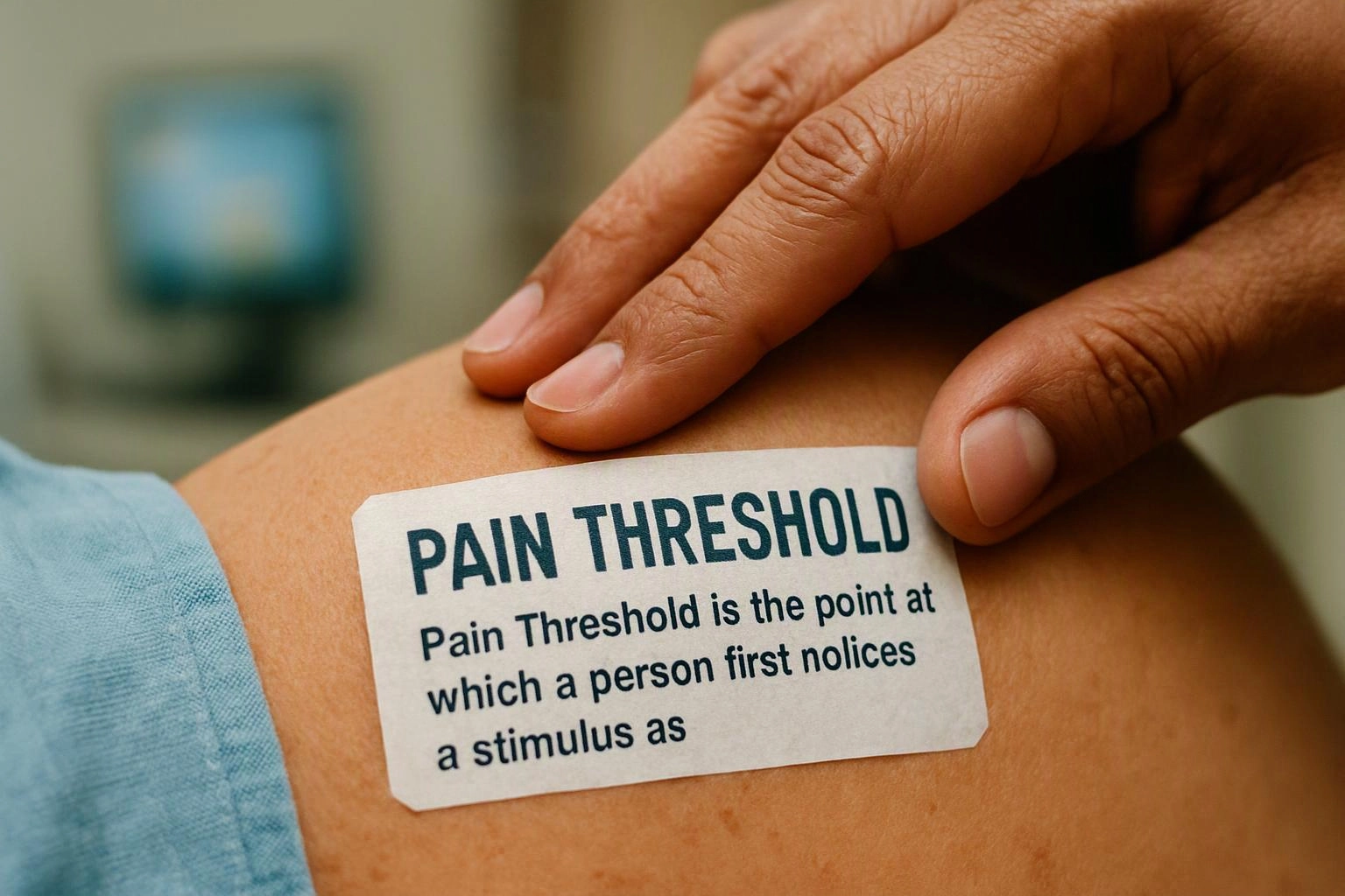 A hand presses a labeled skin patch on an arm in a clinical setting