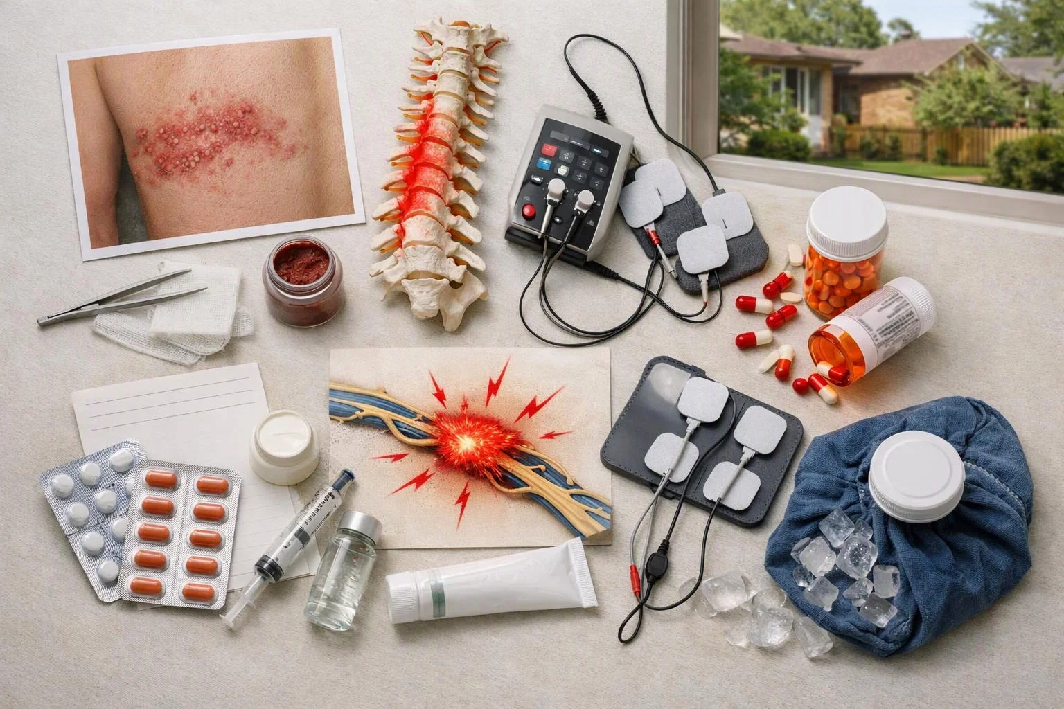 A medical still life shows a shingles rash photo, spine model, pain device, and scattered pills on a table