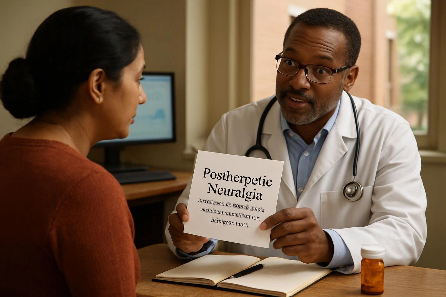 A doctor in a white coat shows a patient a card reading “Postherpetic Neuralgia” in a medical office