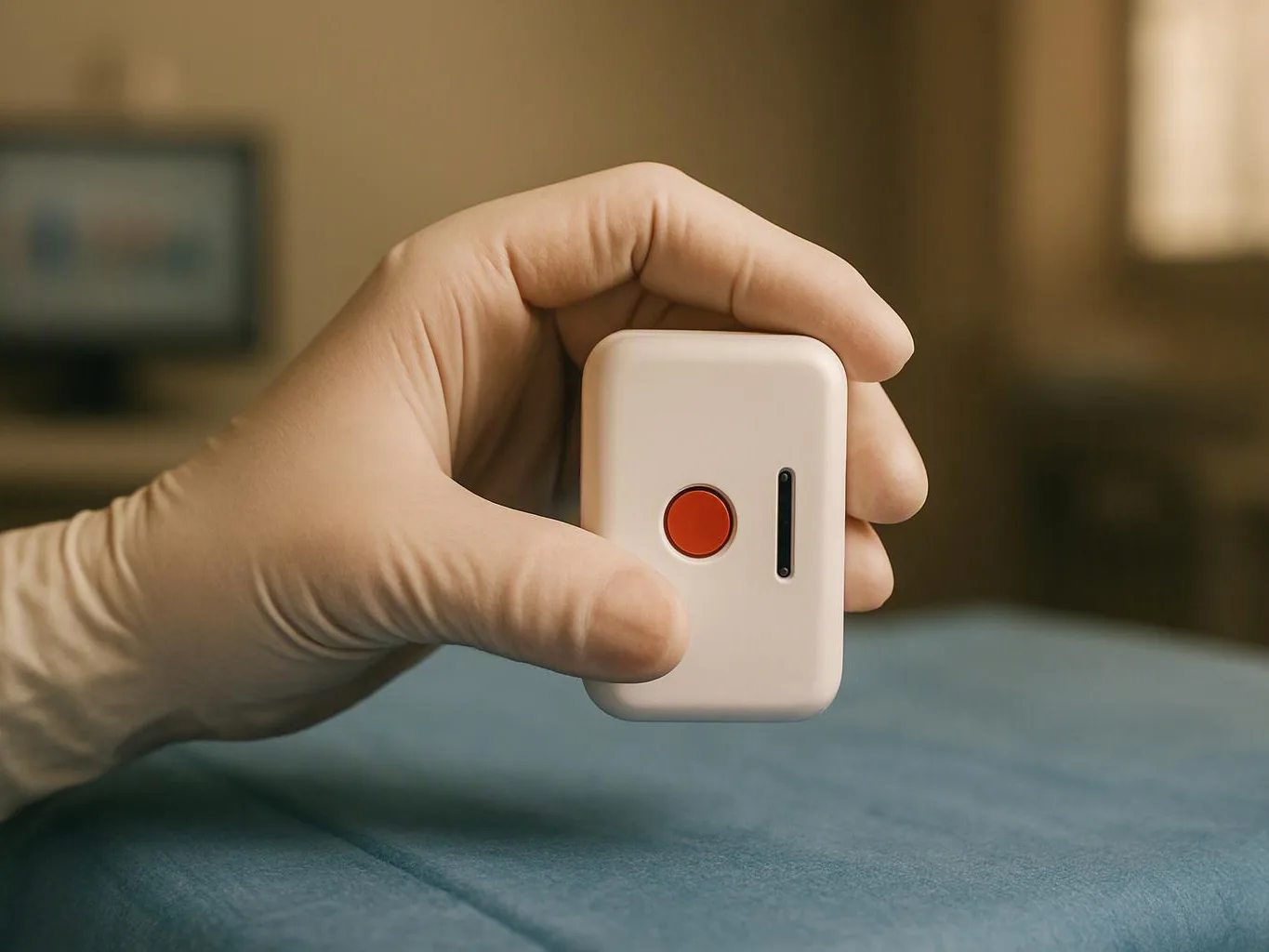 A gloved hand holds a small white device with a red button over a blue surface in a room