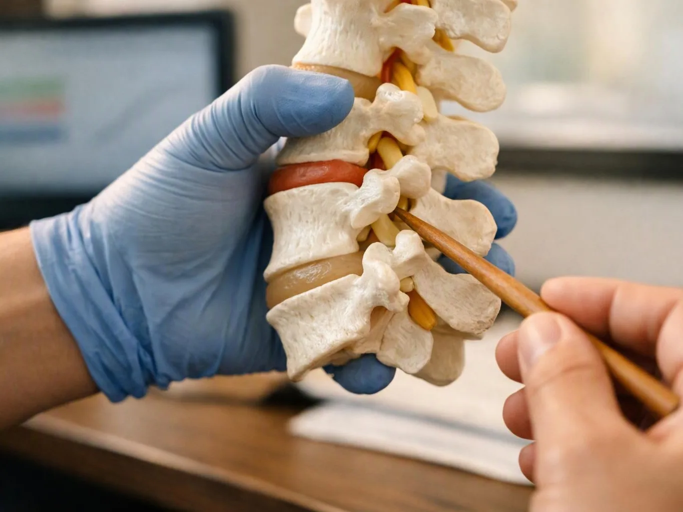 Gloved hands point at a spine model with a wooden probe in a clinical setting