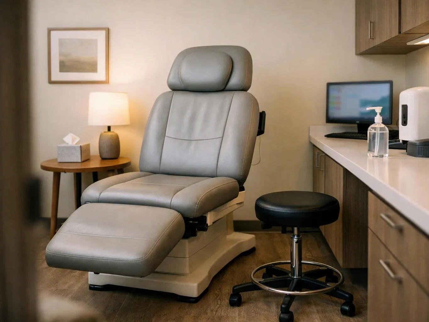 A gray exam chair sits in a clean medical room beside a stool, desk, lamp, and sanitizer bottle