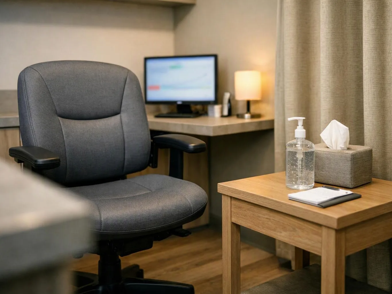 A gray office chair sits beside a wooden table with sanitizer, tissues, and a notebook in a quiet room