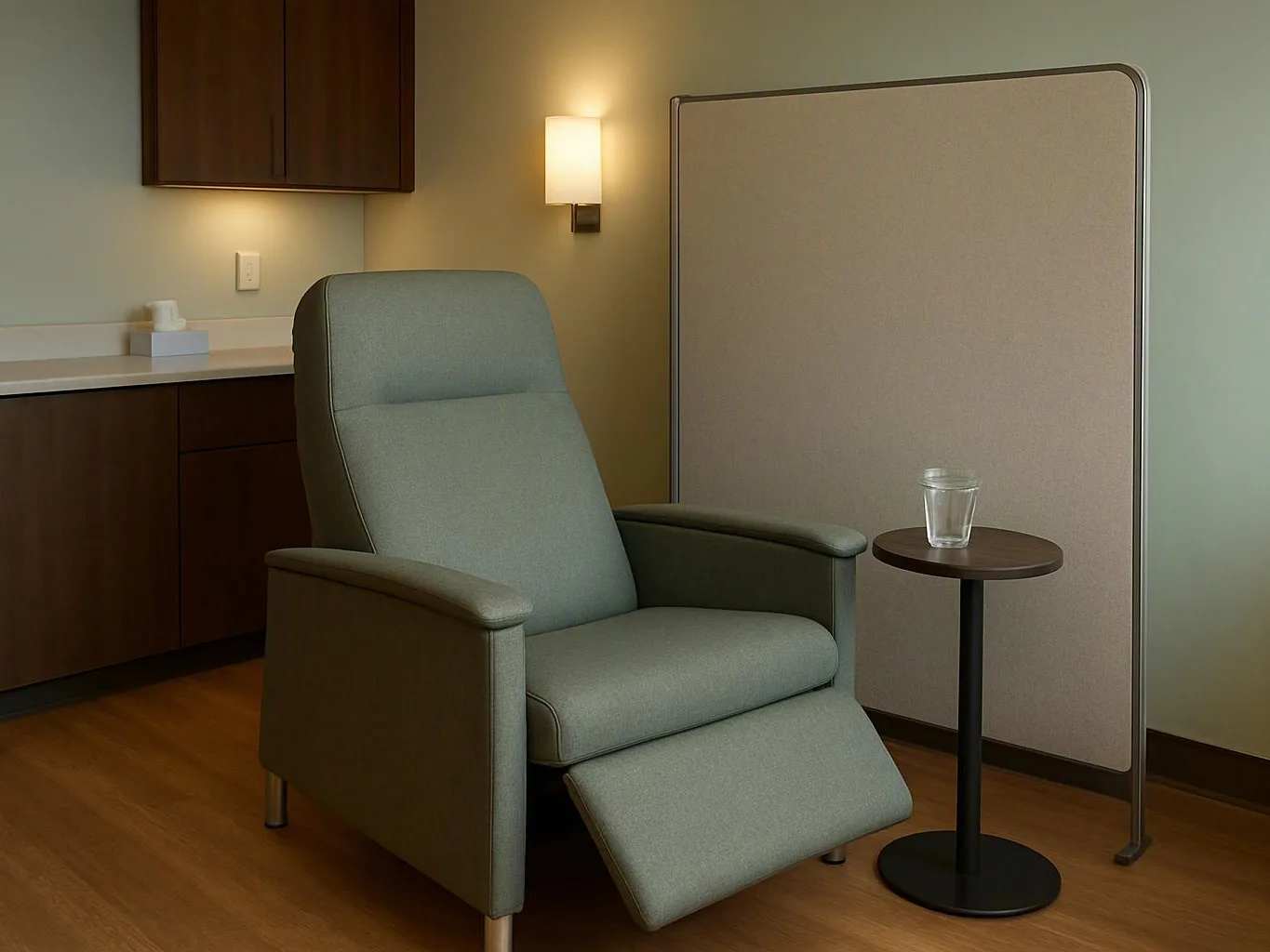 A gray recliner sits beside a small table with a glass in a quiet room