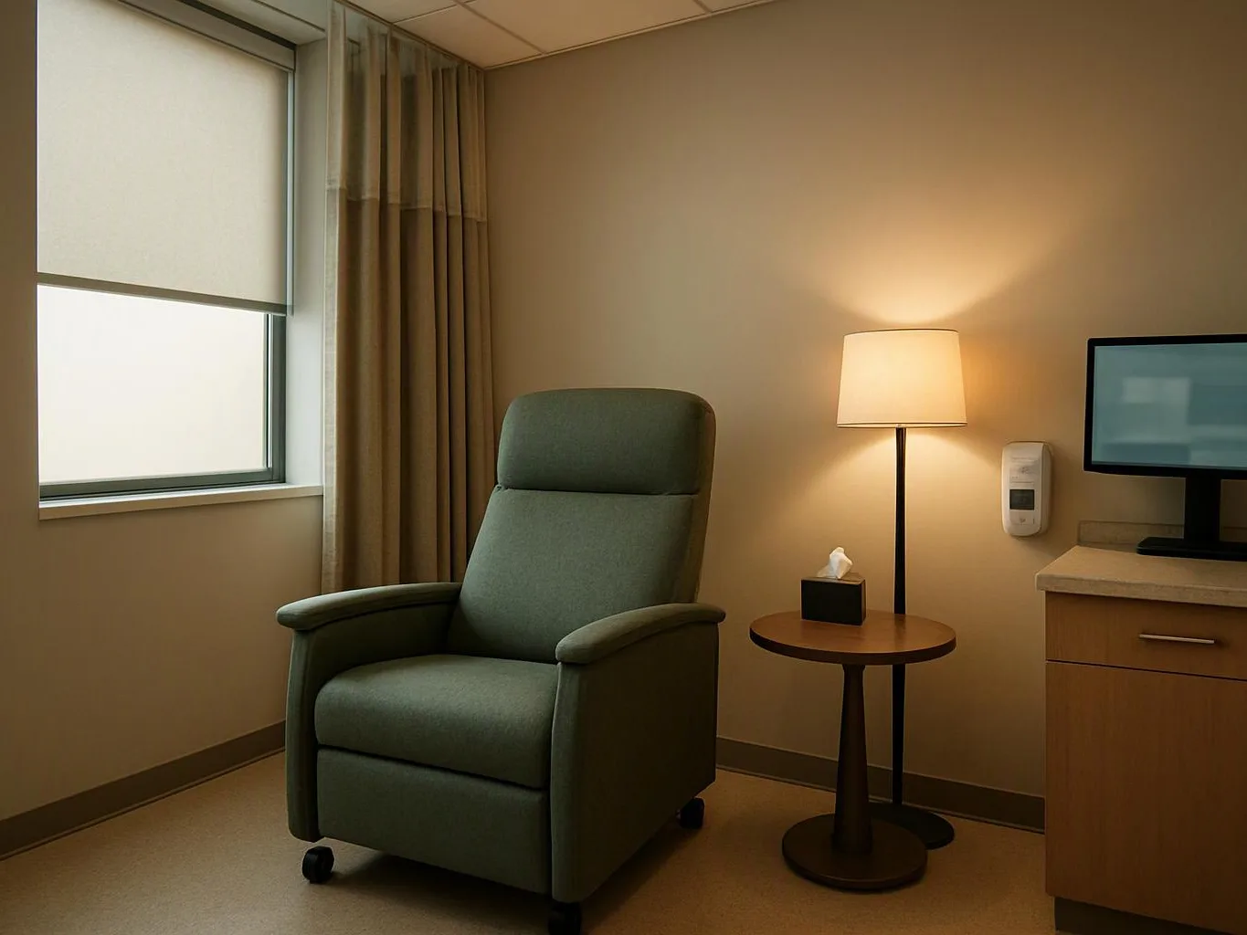 A green recliner sits beside a lit lamp and small table in a quiet room