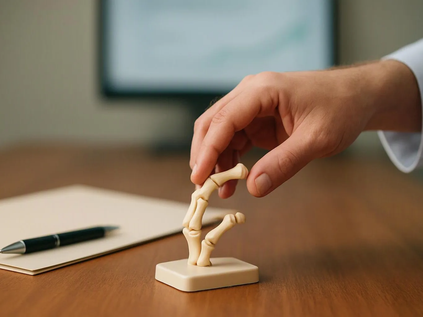 A hand adjusts a small bone-shaped sculpture on a desk beside a notebook and pen