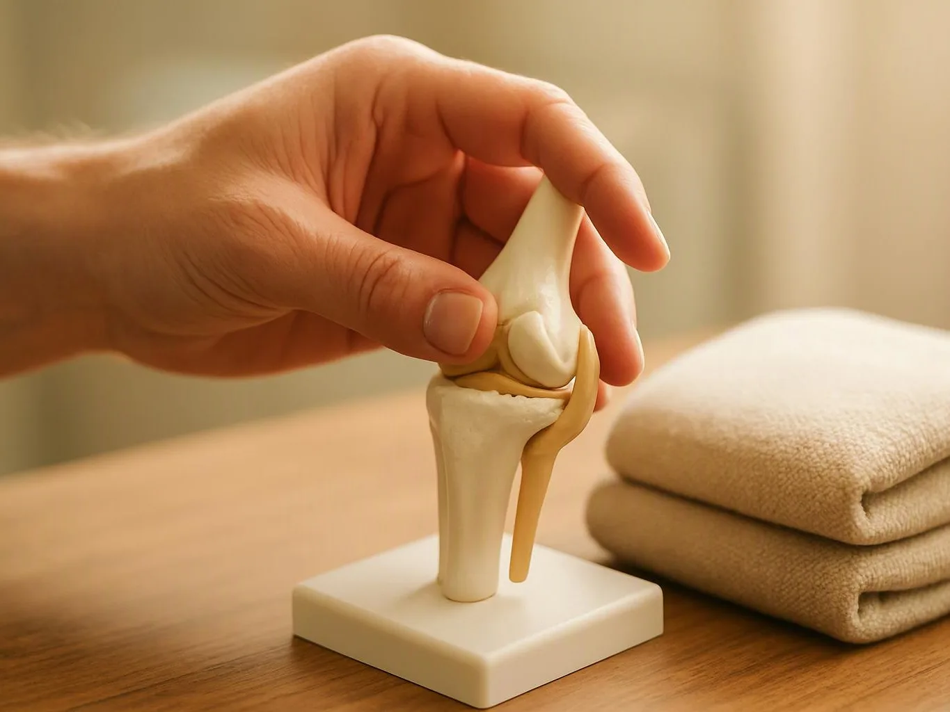 A hand adjusts a small knee joint model beside folded beige towels on a wooden table