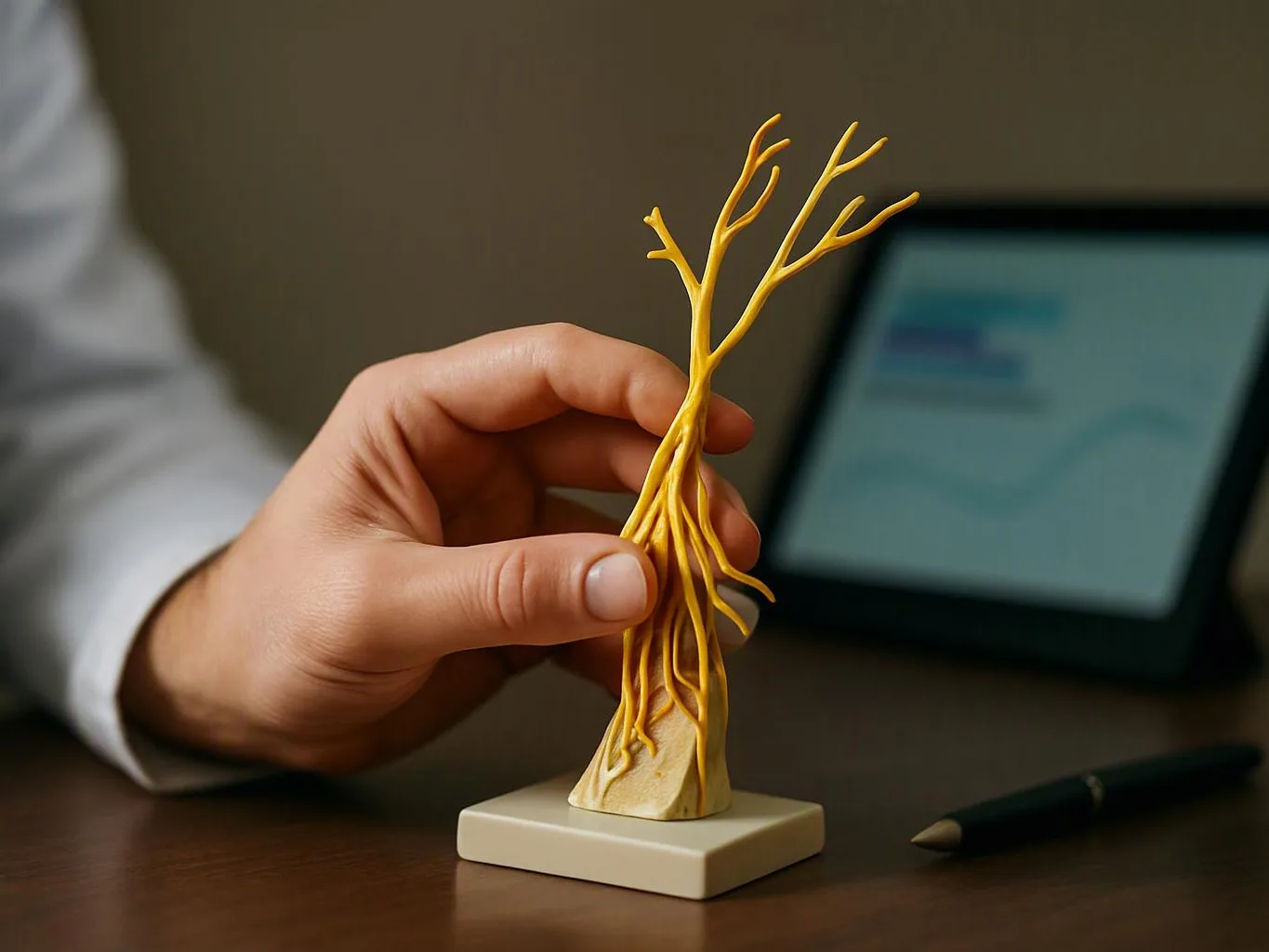 A hand adjusts a small yellow branching sculpture on a desk beside a blurred tablet and pen