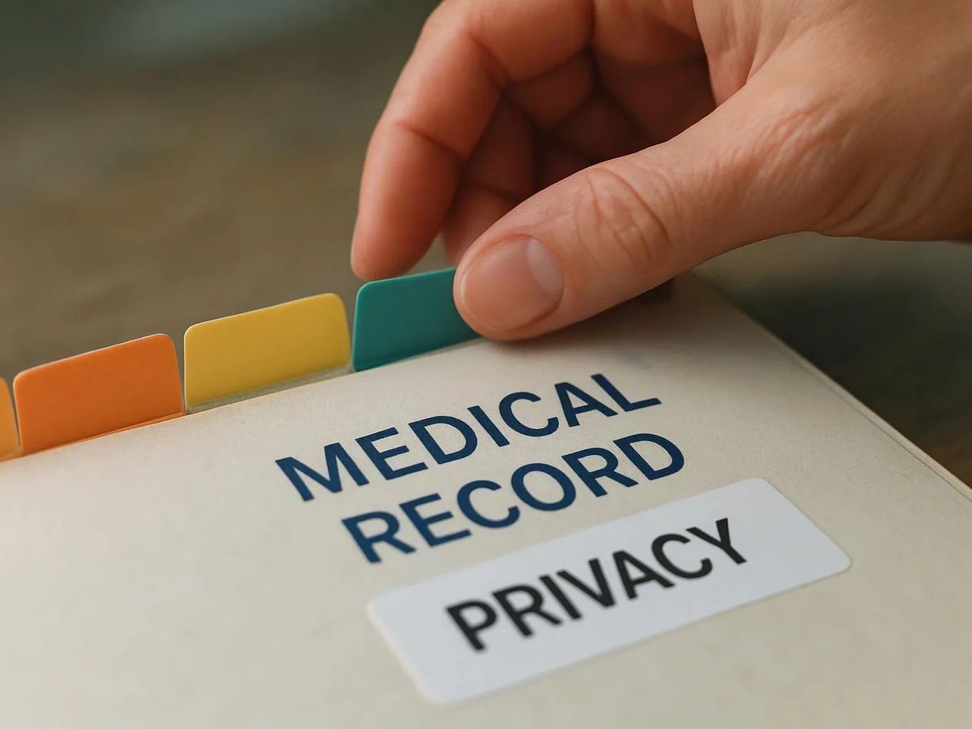 A hand flips through a medical record folder labeled privacy with colored tabs visible