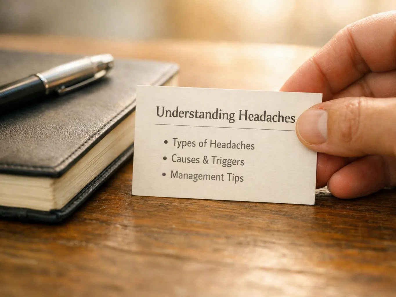 A hand holds a card reading “Understanding Headaches” beside a notebook and pen on a wooden table