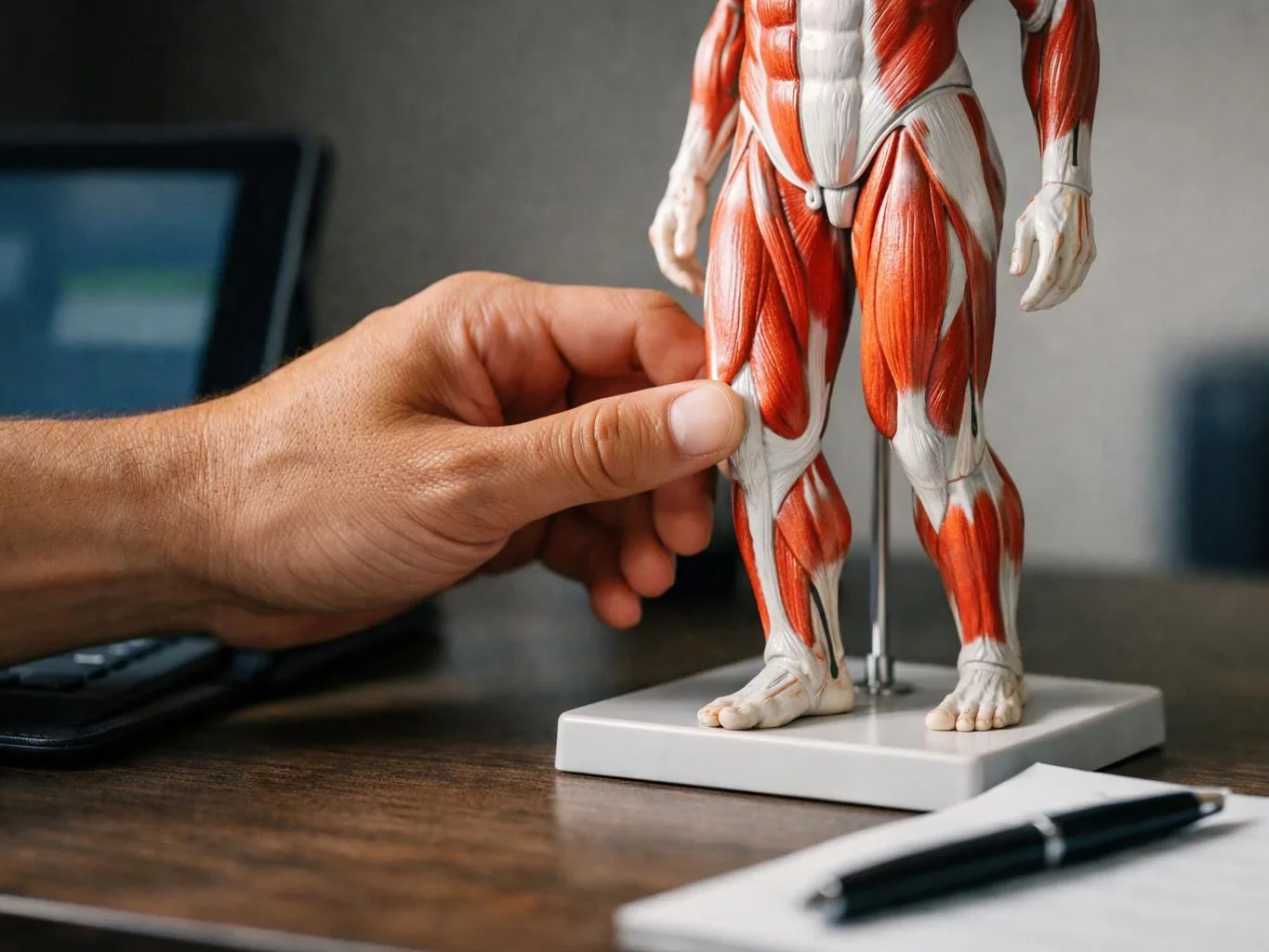 A hand holds a muscle anatomy model beside a laptop and pen on a desk
