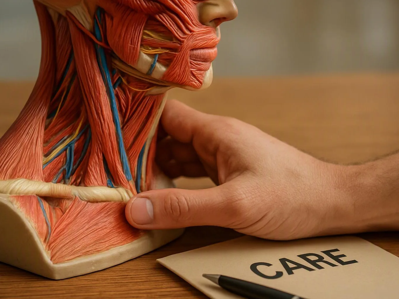 A hand holds a neck muscle anatomy model beside a paper labeled CARE on a wooden table