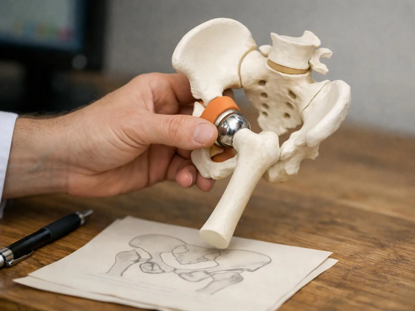 A hand holds a pelvic bone model with a metal hip joint over a sketch on a wooden desk