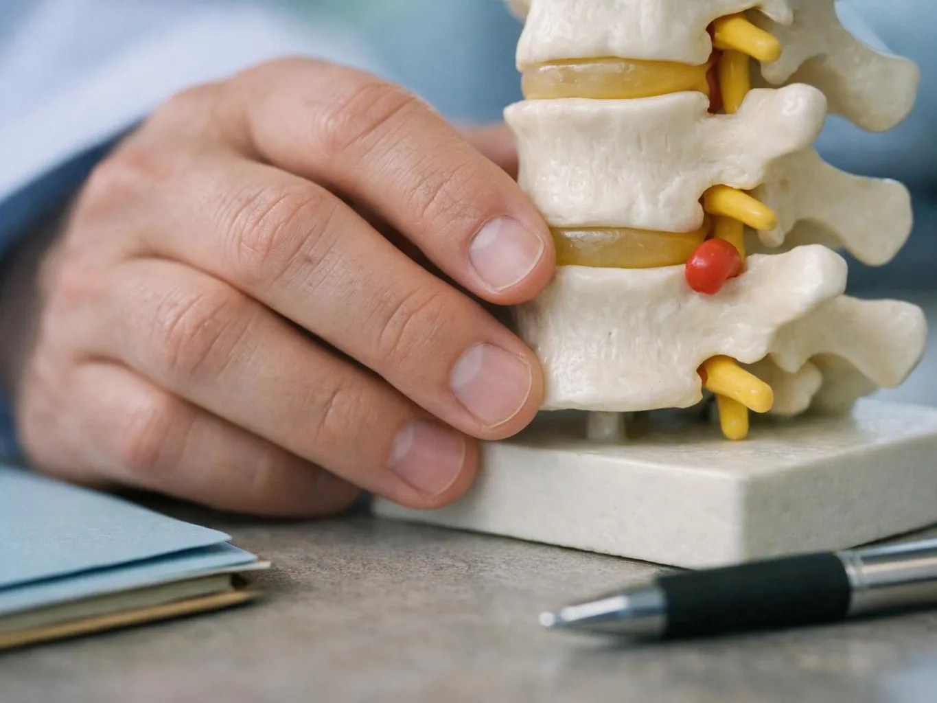 A hand holds a plastic spine model with a red marker near the lower vertebrae