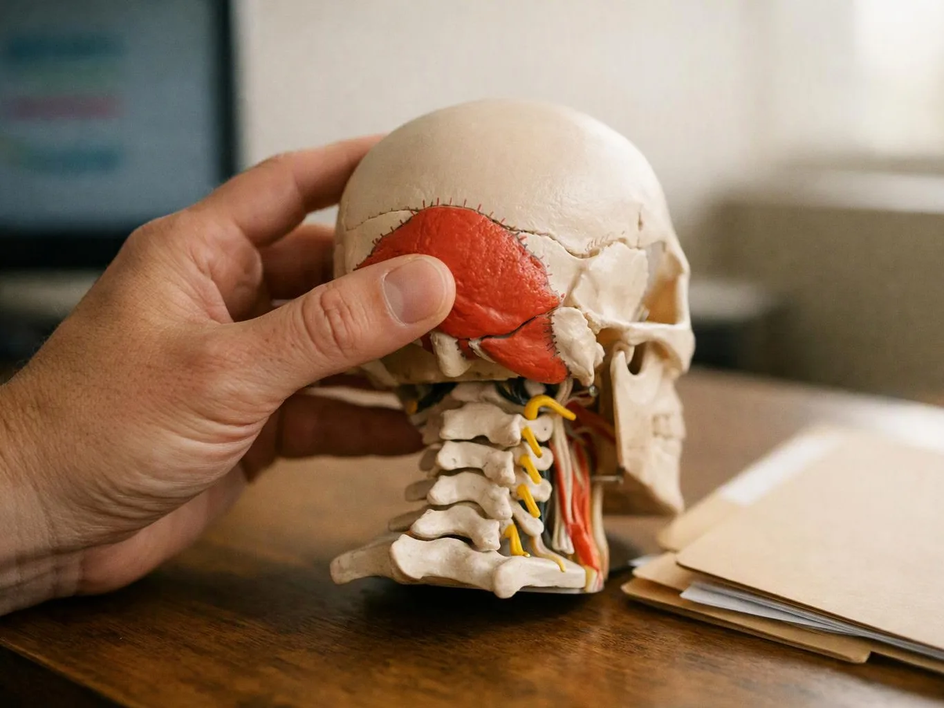 A hand holds a small anatomical skull model on a wooden table, with colored muscle details visible