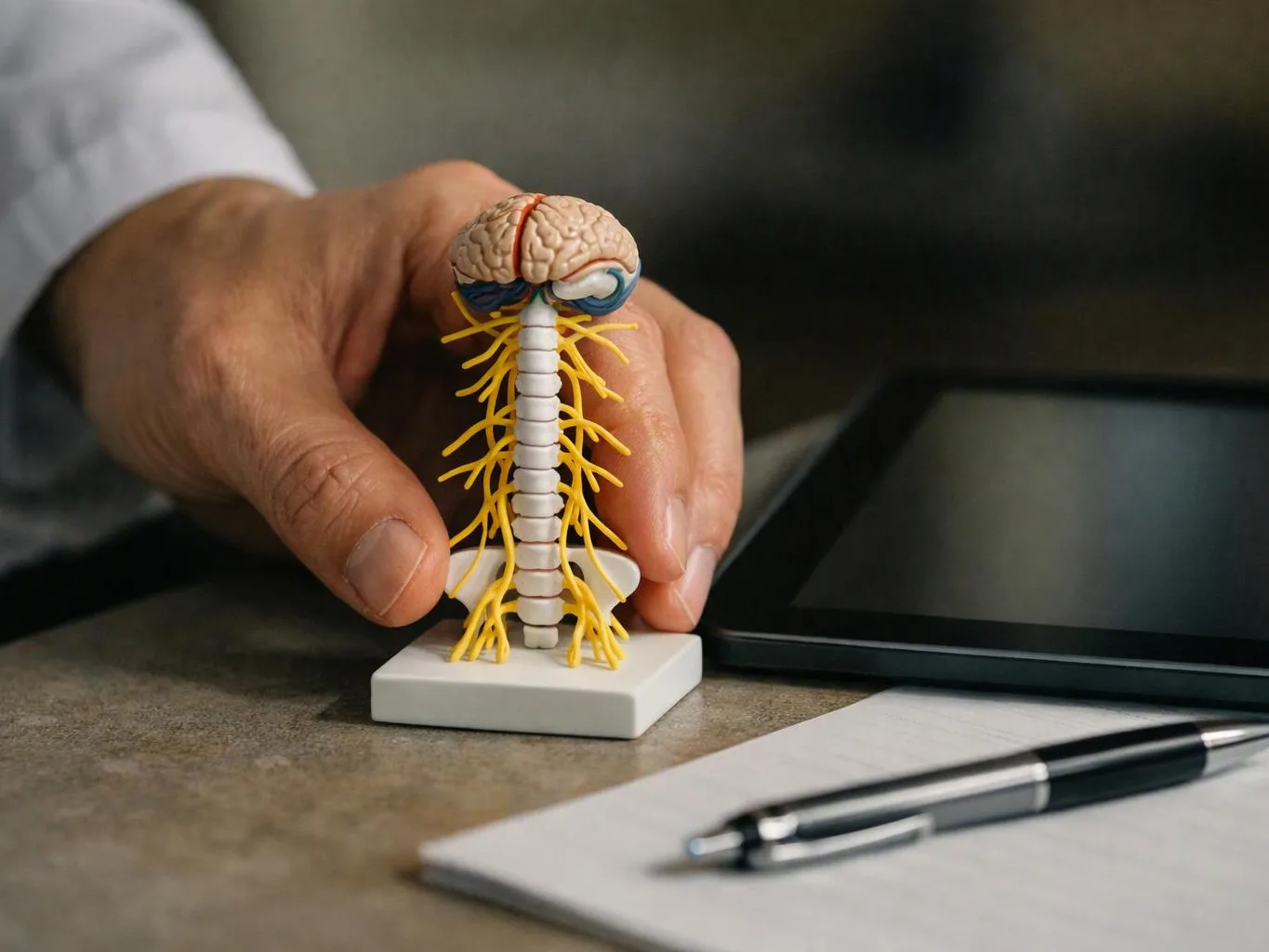 A hand holds a small brain and spinal cord model beside a tablet and pen on a desk