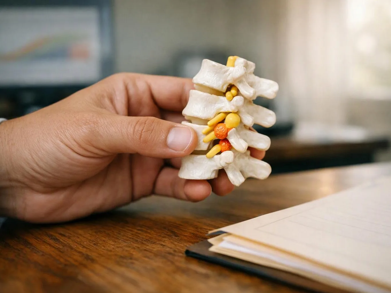 A hand holds a small model of stacked spine bones on a desk near a notebook