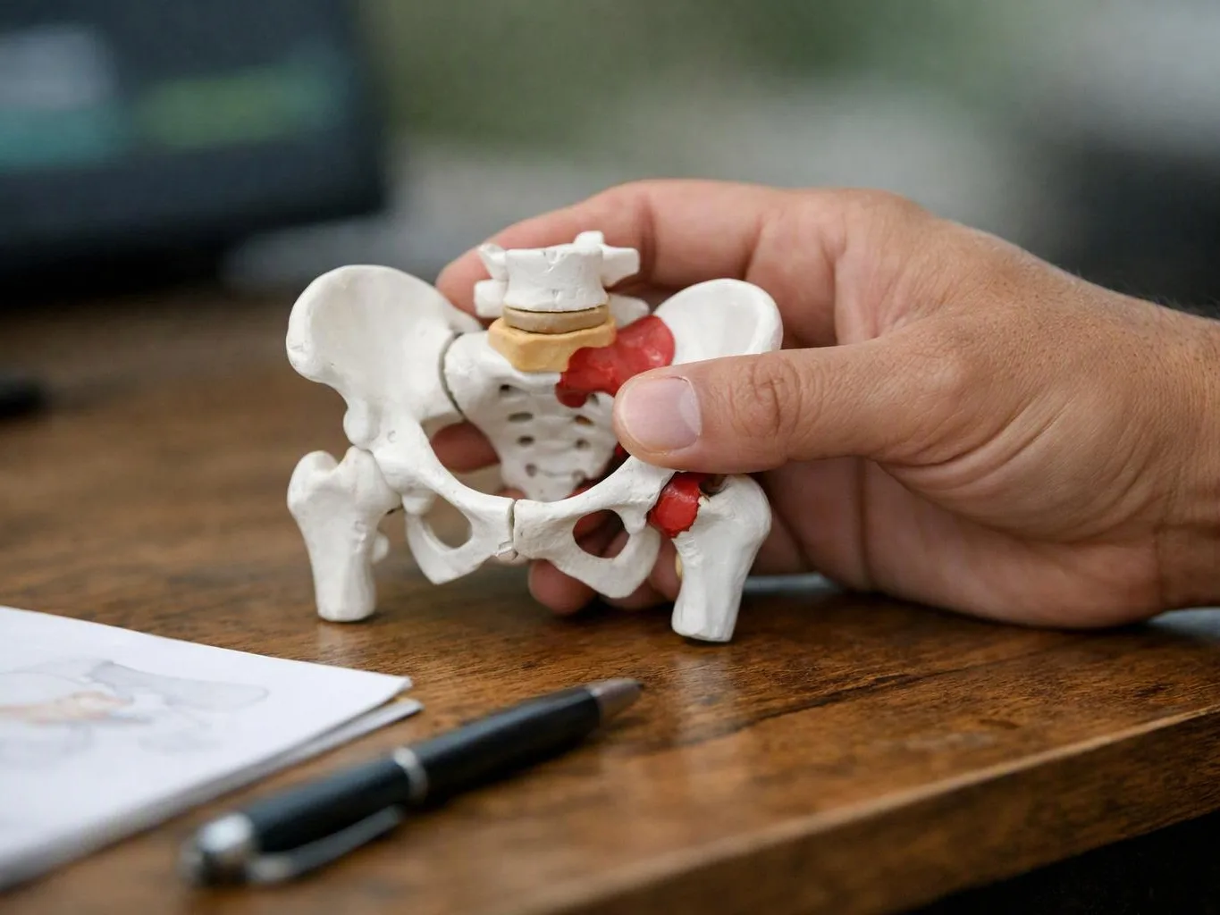 A hand holds a small pelvis and spine model on a wooden desk