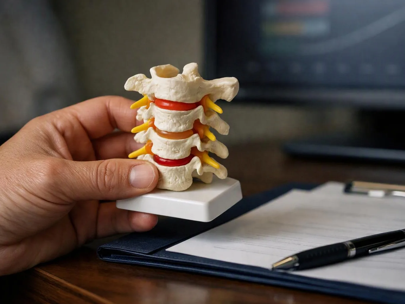 A hand holds a small spine model above a desk with papers, a pen, and a blurred monitor in the background