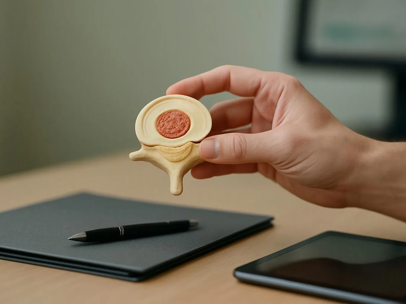 A hand holds a small spine model over a desk with a notebook, pen, and tablet