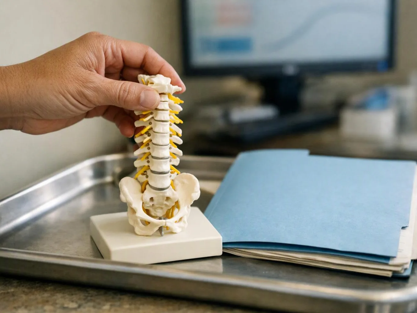 A hand holds a small spine model on a tray beside a blue folder and computer screen