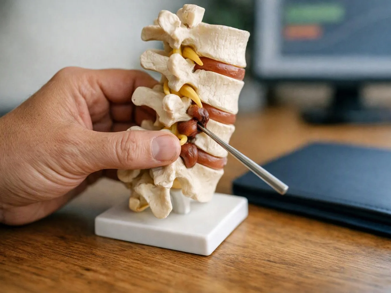 A hand holds a spine model while a metal pointer indicates a disc on a wooden desk