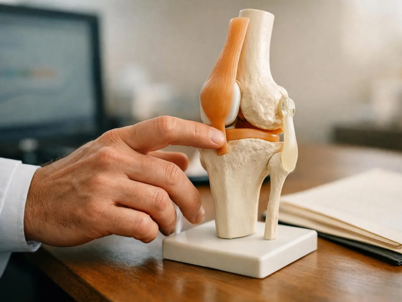 A hand points at a knee joint model on a desk beside an open notebook
