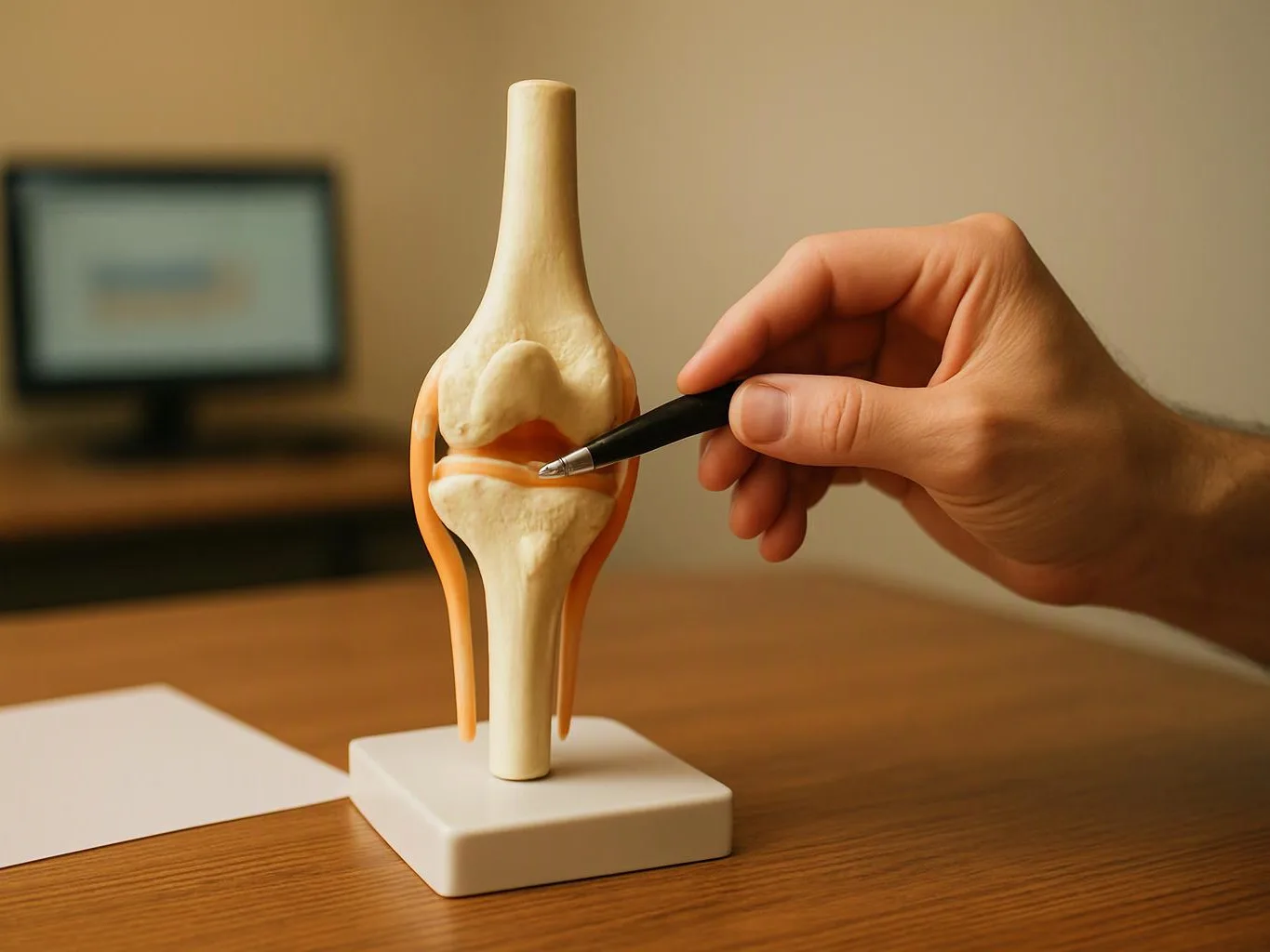 A hand points with a pen at a knee joint model on a desk
