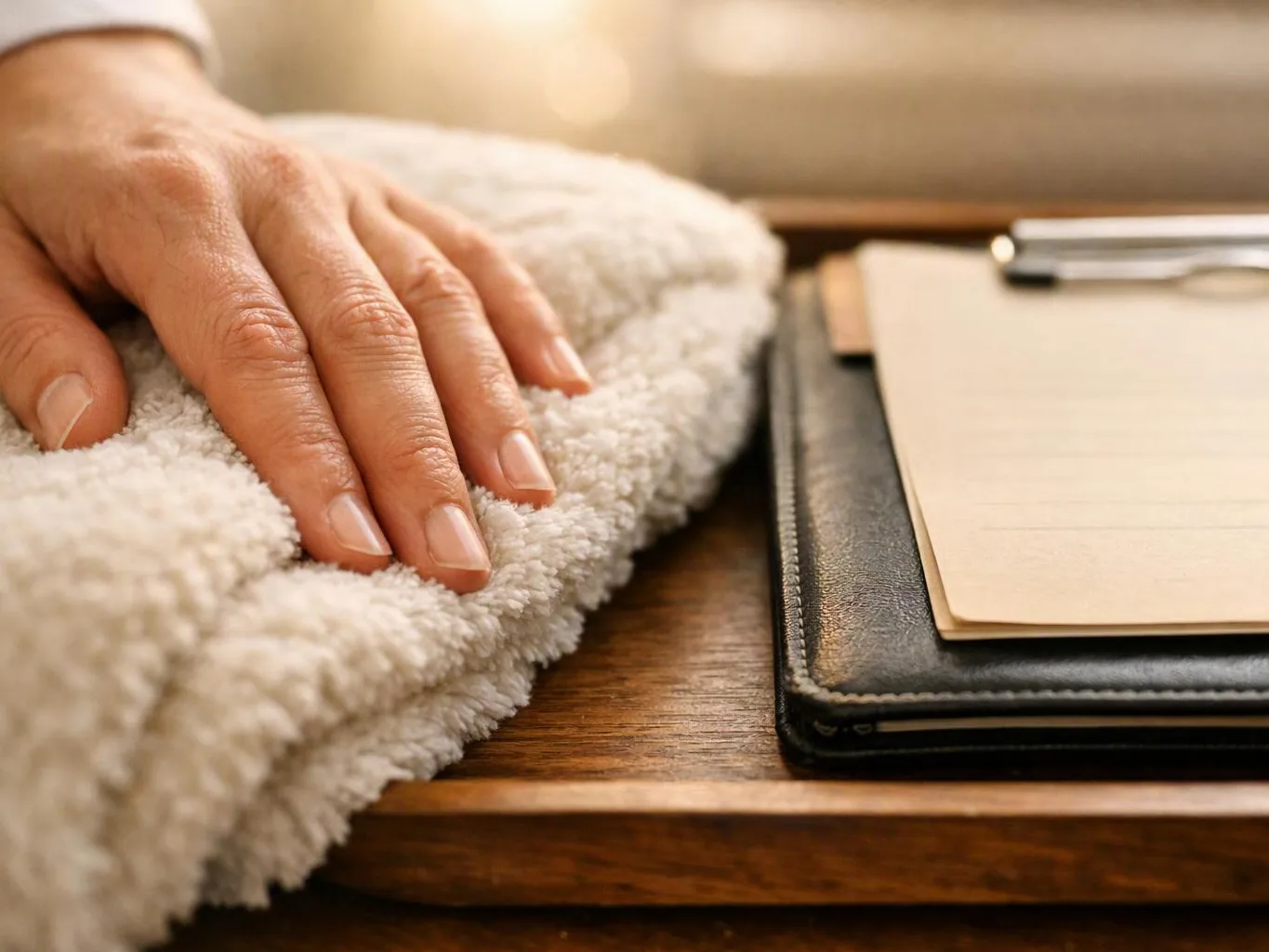 A hand rests on a folded white towel beside a clipboard on a wooden table