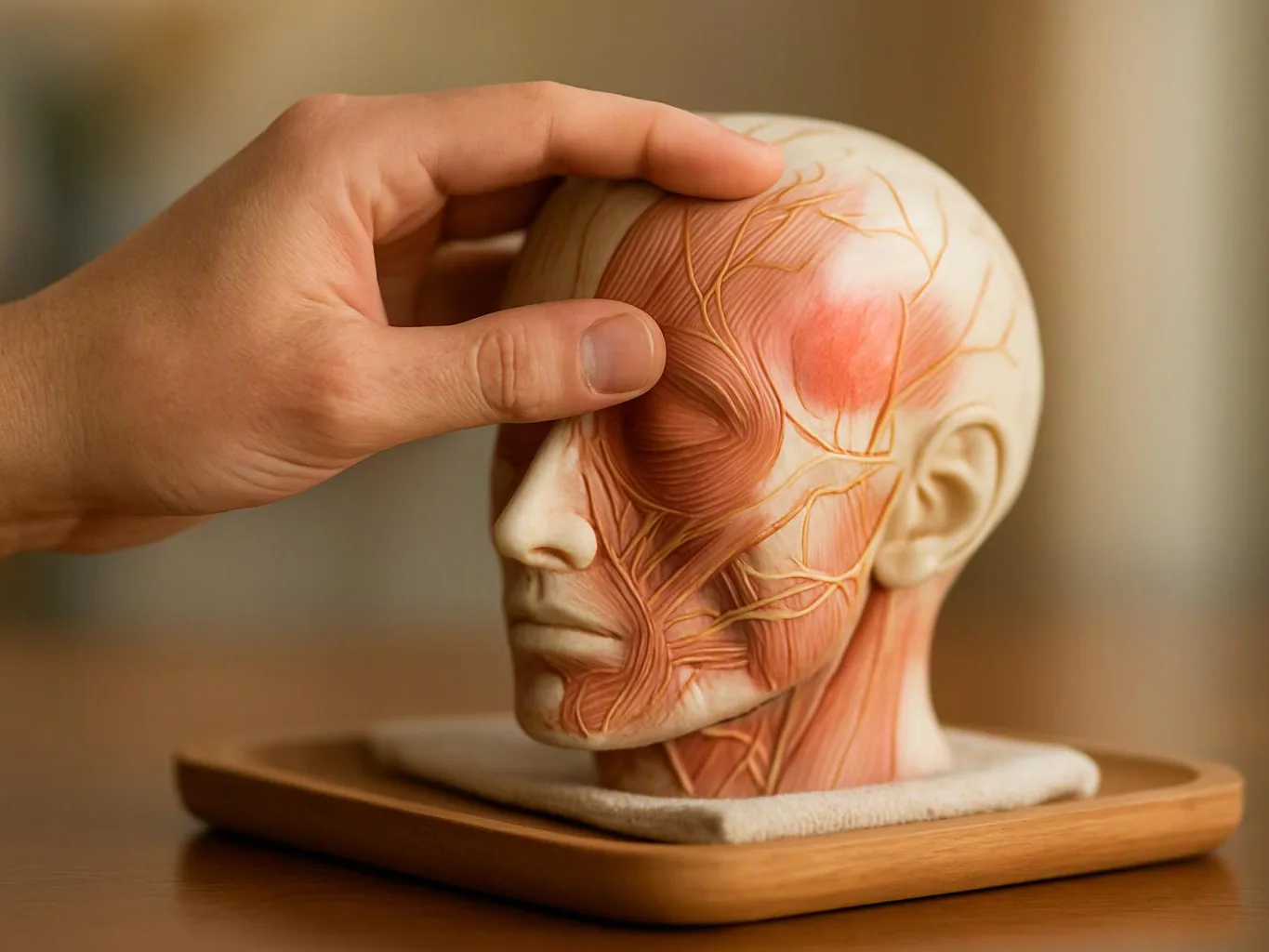 A hand touches a medical head model showing facial muscles and nerves on a wooden base