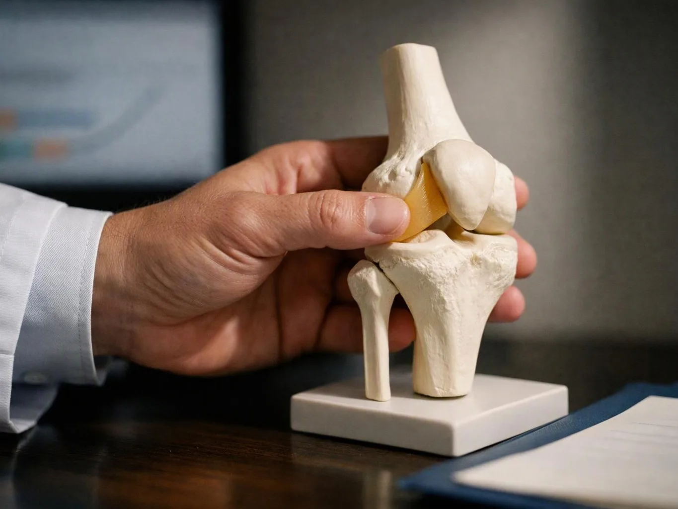 A hand in a white coat holds a knee joint model on a desk