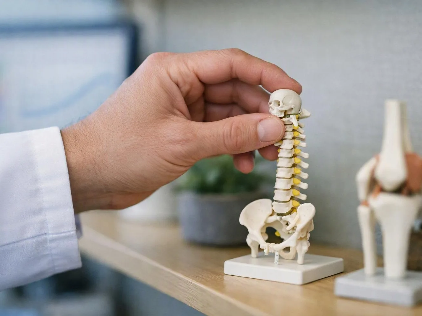 A hand in a white coat holds a small spine and skull model on a desk