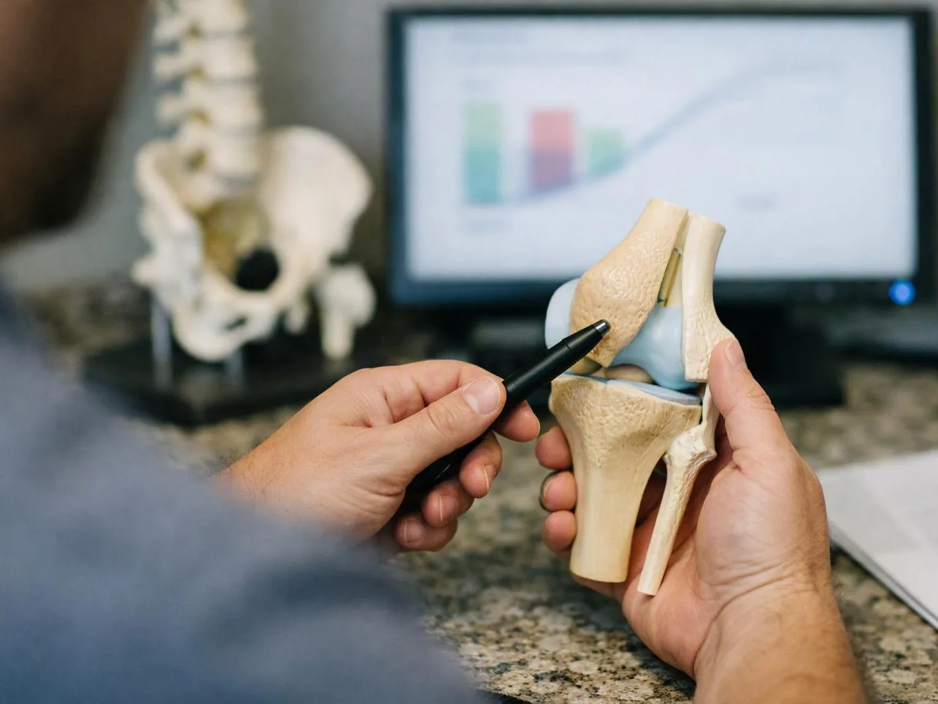 Hands hold a knee joint model while a pen points at it beside a blurred computer screen