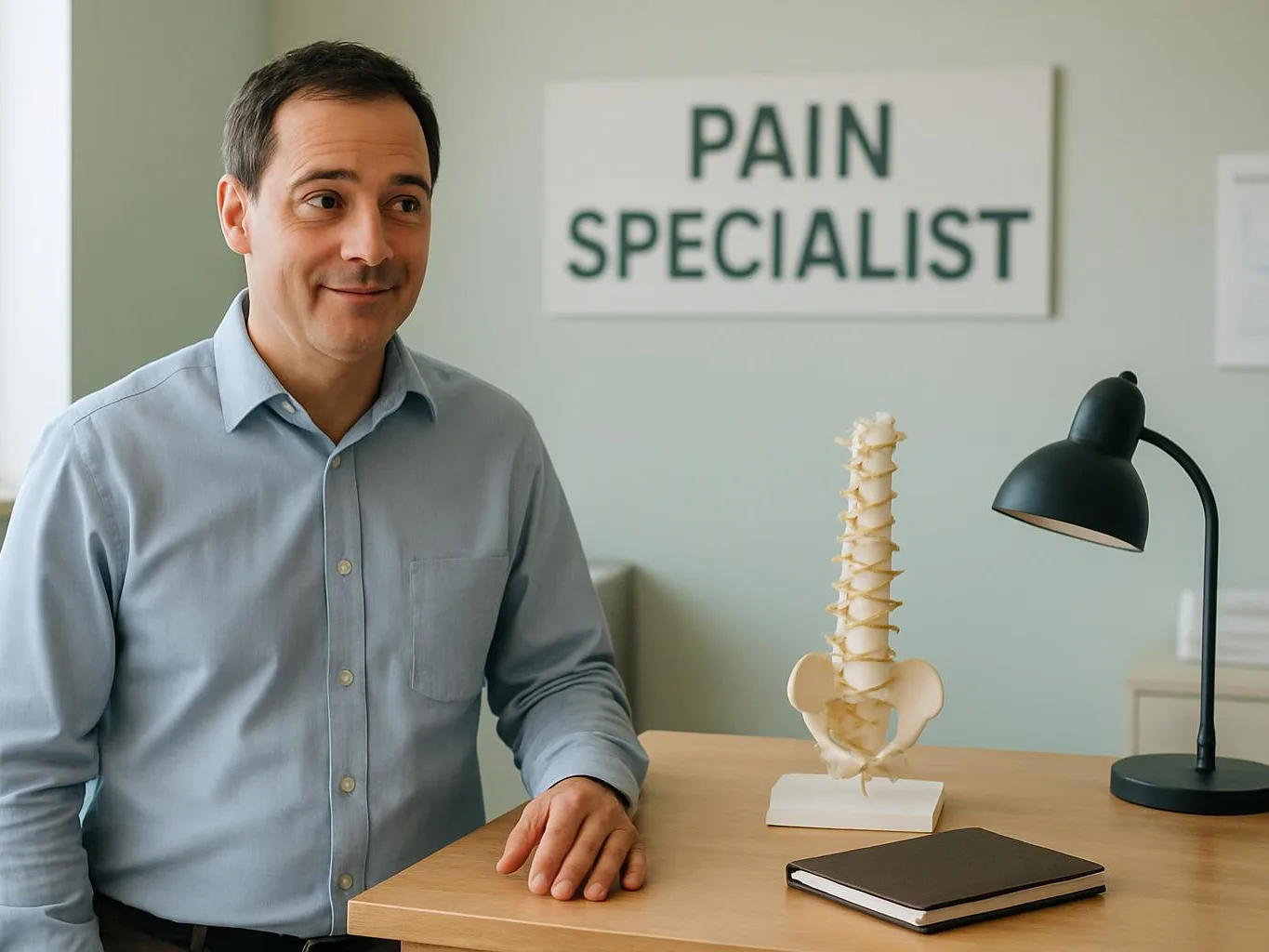 A man stands by a desk with a spine model, a lamp, and a sign reading “PAIN SPECIALIST”
