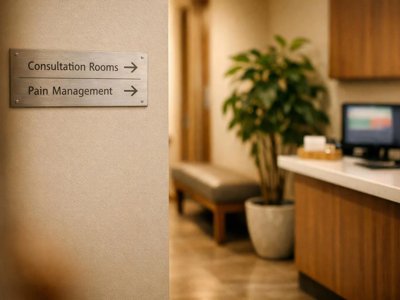 A wall sign points to consultation rooms and pain management beside a blurred clinic reception desk and potted plant
